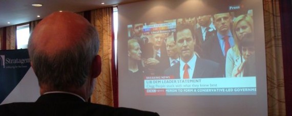 David Ford watching Lib Dem leader Nick Clegg speaking on BBC News election programme