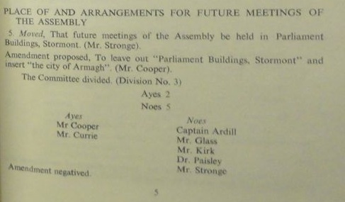 Close-up from 1973 NI Parliament papers showing attempt to move proceedings to Armagh