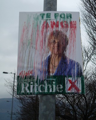 February 2010 leadership campaign post from Margaret Ritchie - the ink ran in the rain - Note that this photo is under a Creative Commons Attribution, Noncommercial, No Derivative Works License - http://creativecommons.org/licenses/by-nc-nd/2.0/ - The original photo in better quality lives at http://www.flickr.com/photos/alaninbelfast/4336355274/