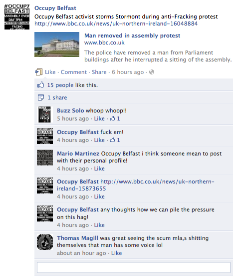 Occupy Belfast facebook post about NI Assembly heckled protect