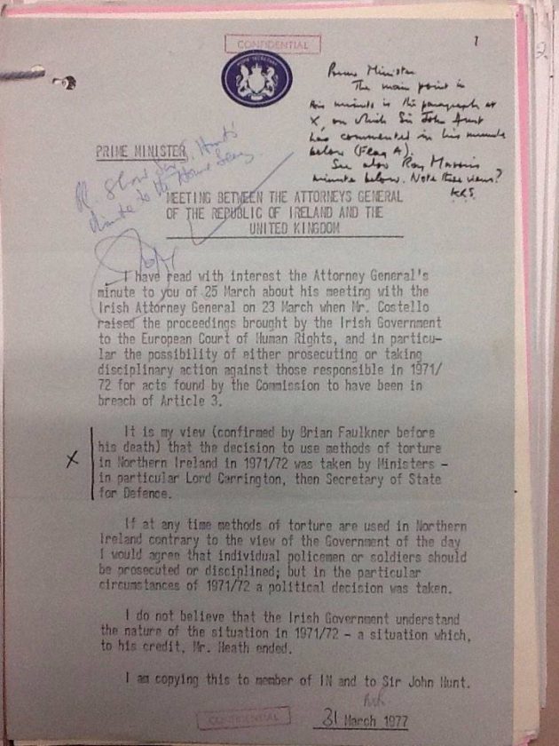 Letter from Home Secretary Merlyn Rees to Prime Minister Jim Callaghan in 1977, when the UK was (successfully)arguing in Strasbourg that the techniques used were not torture