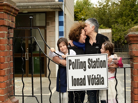 22/05/2015 NEWS ./Referendum Linda Cullen and Feargha Ni Bhroan with twins,Tess and Rosa CullenByrne after voting voting in Monkstown polling station in the referenedums, yesterday. .Photograph: Cyril Byrne / THE IRISH TIMES