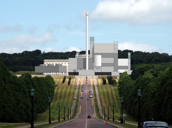 (c) Michael High - image of proposed RoseEngery plant accurately superimposed on Parliament Buildings at Stormont