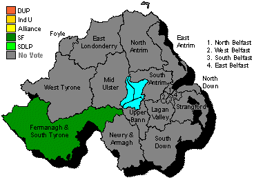 Map of NI showing how turnout affected 2010 Westminster election results - adapted from Ark Election site ark.co.uk/election