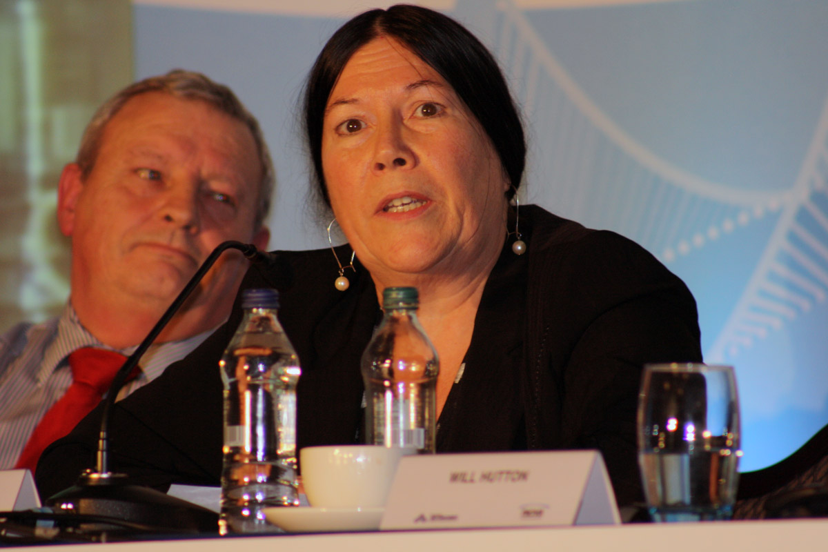 Peter Buntin and Bronagh Hinds answer questions from the audience at NICVA's Centre for Economic Empowerment 'Creating the good economy' conference in Belfast on 8 November 2011