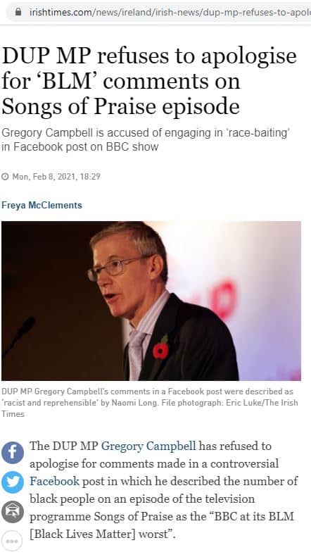Irish Times Grab of Gregory Campbell Songs of Praise Response