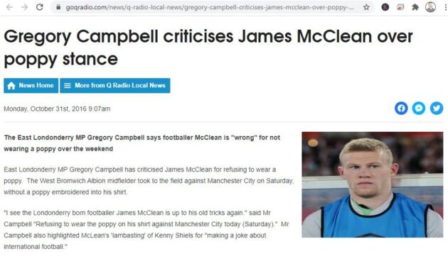 Q Radio Grab of Gregory Campbell Comments re James McClean for Slugger Songs of Praise Blog