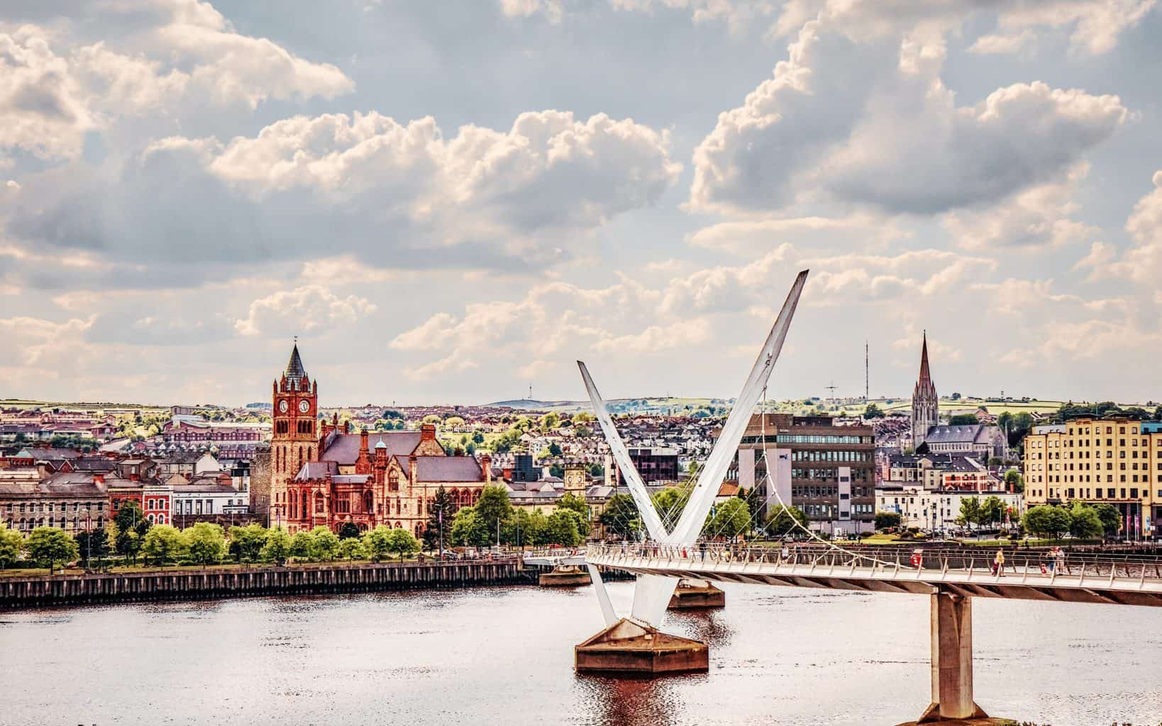 Looking across the River Foyle to the cityside from the waterside, with The Peace Bridge framed by The Guild Hall (left) and St. Eugene's Cathedral (right) (May, 2021).