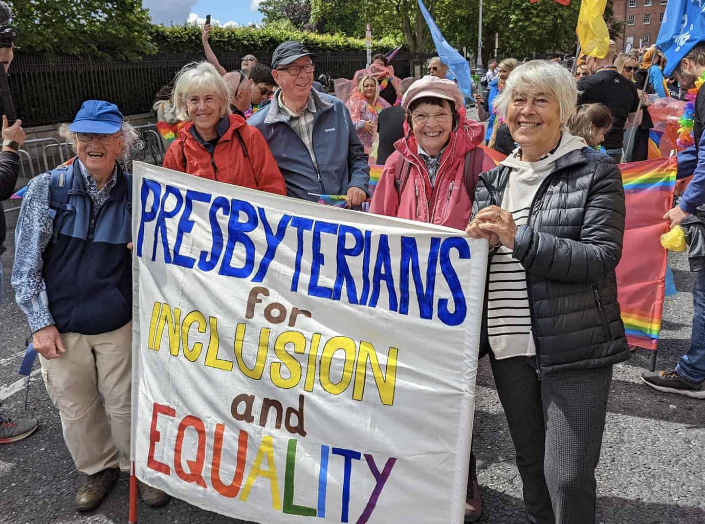 People holding a Presbyteriand for Inclusion and Equality banner at a previous Dublin Pride parade