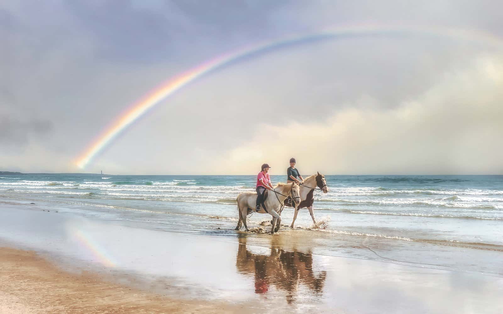 2 men riding horses on beach during daytime
