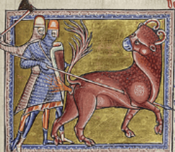 A painting of a bull with a person holding a spear

Description automatically generated