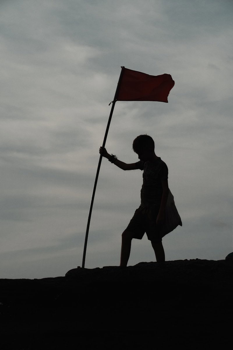 a man holding a red flag on top of a hill