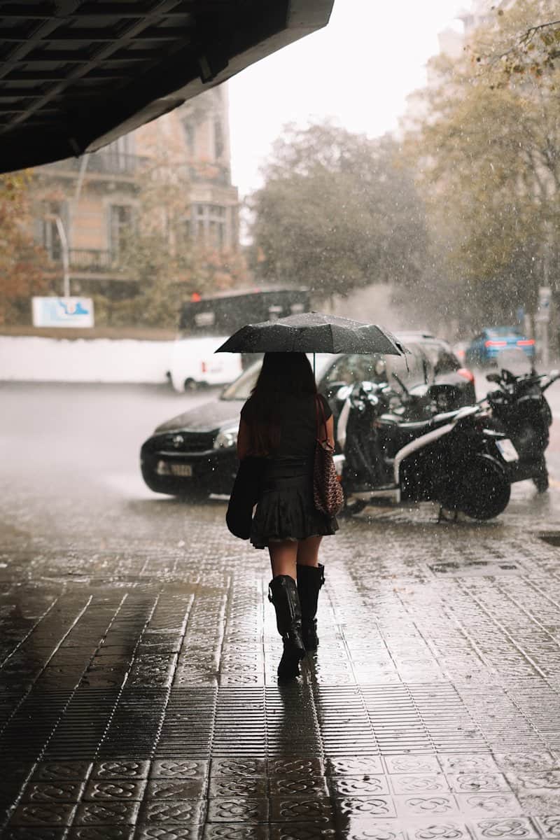 A woman walking in the rain with an umbrella