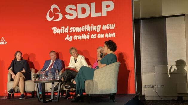Panel discussion at SDLP October 2025 confernce - Ivana Bacik TD, Sinead Gibney TD, Shane Moynihan TD, Emer Currie TD, and party leader Claire Hanna MP