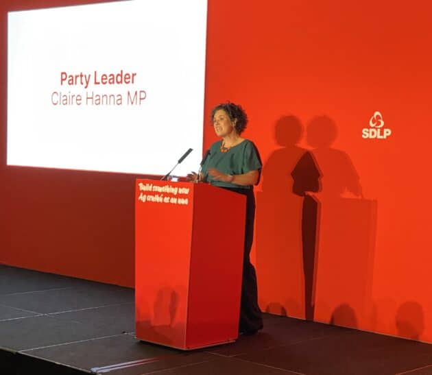 SDLP leader Claire Hanna on stage at her party conference