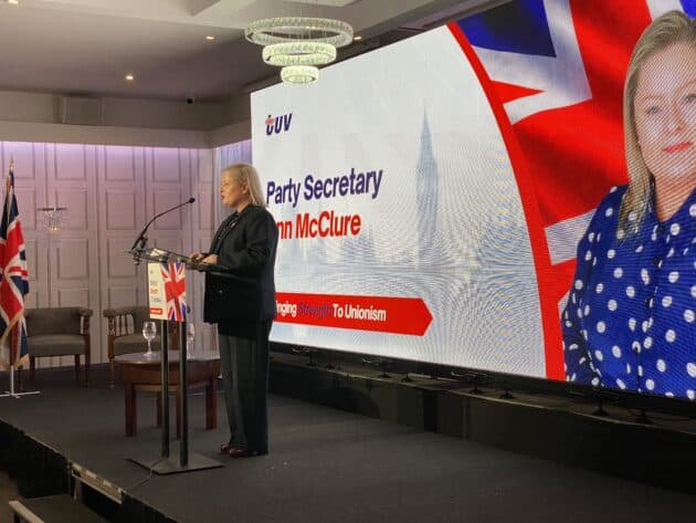 TUV party secretary Ann McClure closing the 2026 party conference